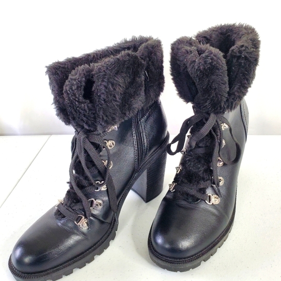 Guess Galway Leather Ankle Boot Size 10 Black Faux Fur Combat Bootie Lug Sole - Picture 15 of 15